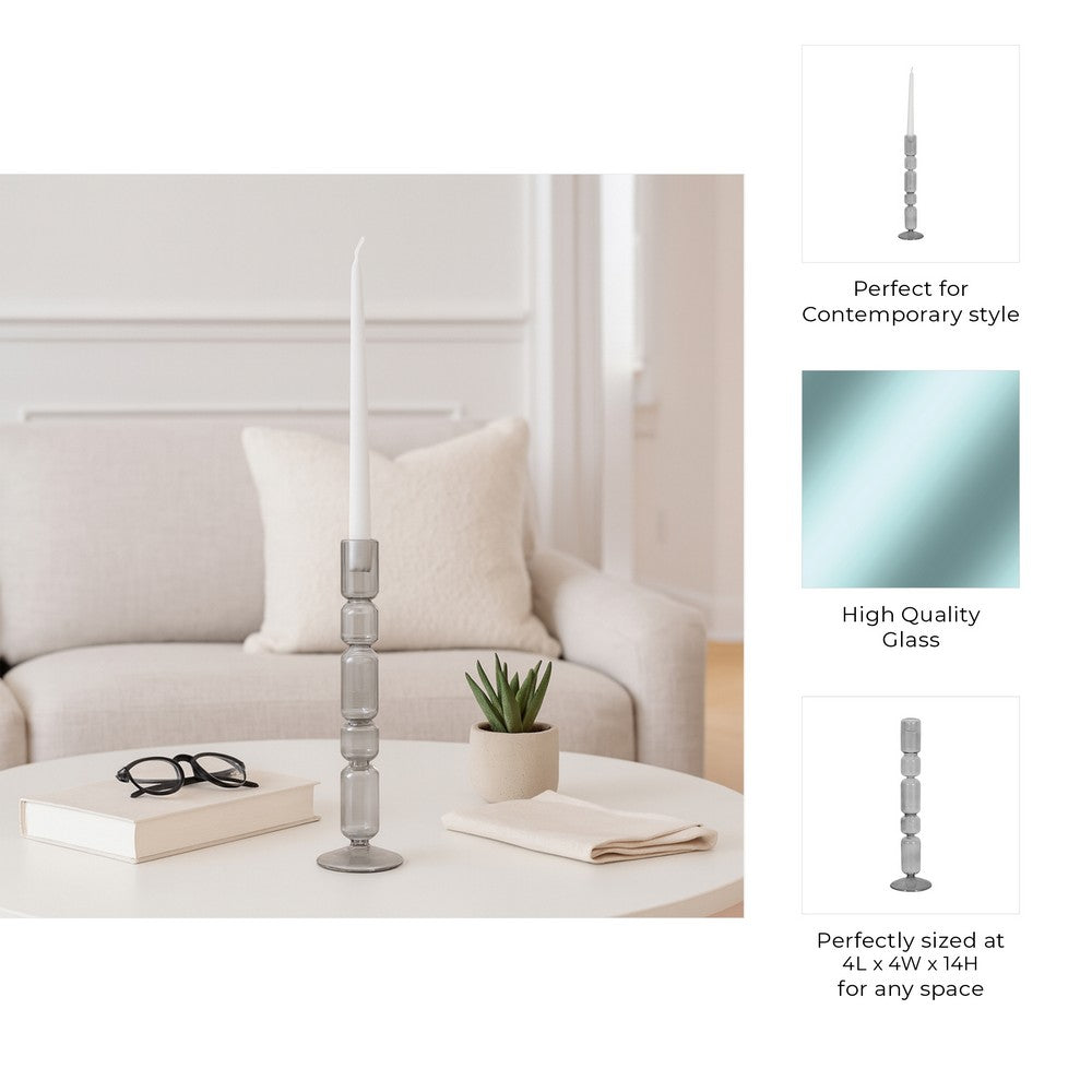 Taper Candle Holder | Stacked Bubble Accent | 14" Clear Black Glass