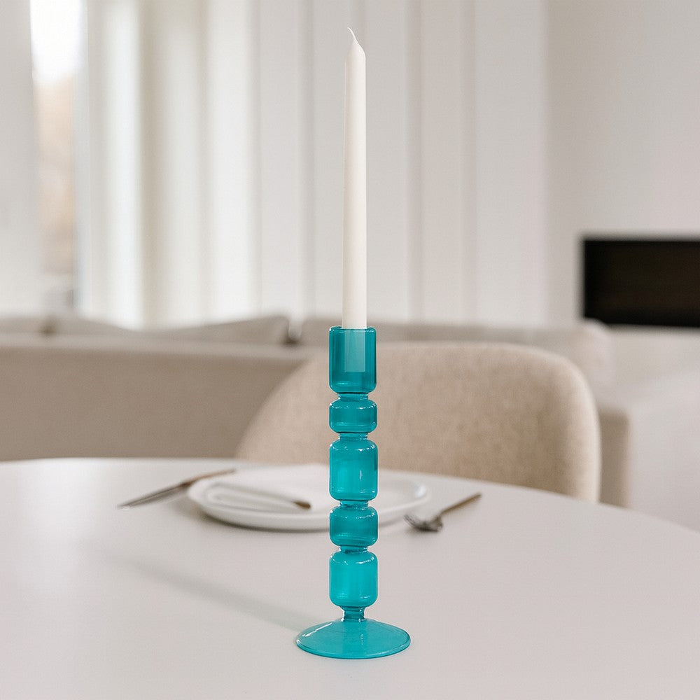 Tall Candle Holder | 10" Glass Mixed Bubble Taper Design | Blue