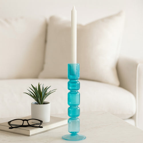Tall Candle Holder | 10" Glass Mixed Bubble Taper Design | Blue