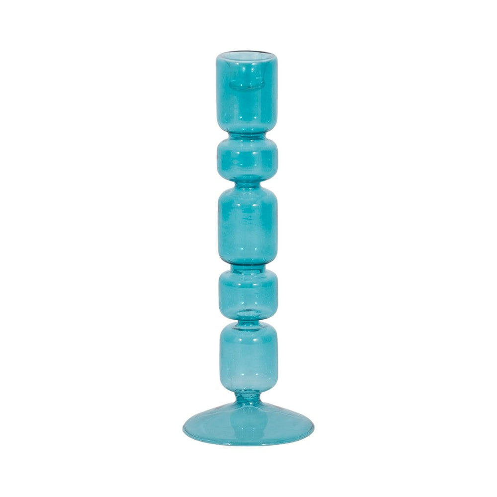 Tall Candle Holder | 10" Glass Mixed Bubble Taper Design | Blue