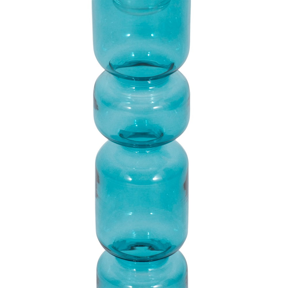 Tall Candle Holder | 10" Glass Mixed Bubble Taper Design | Blue