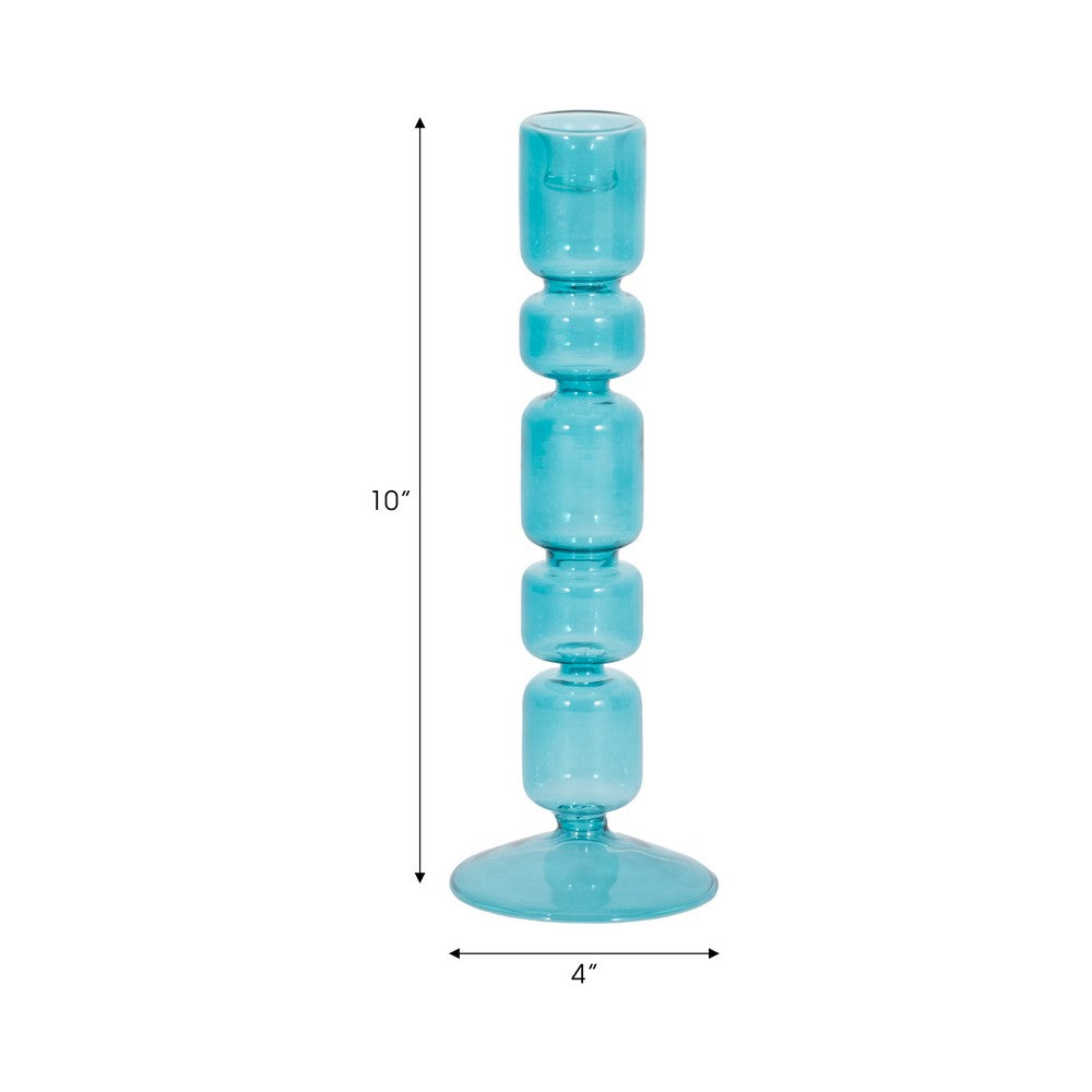 Tall Candle Holder | 10" Glass Mixed Bubble Taper Design | Blue