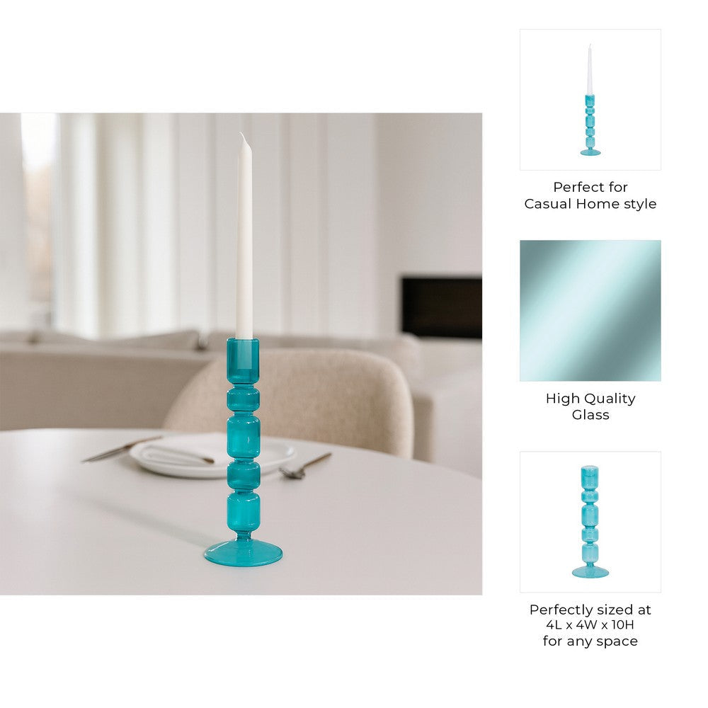 Tall Candle Holder | 10" Glass Mixed Bubble Taper Design | Blue