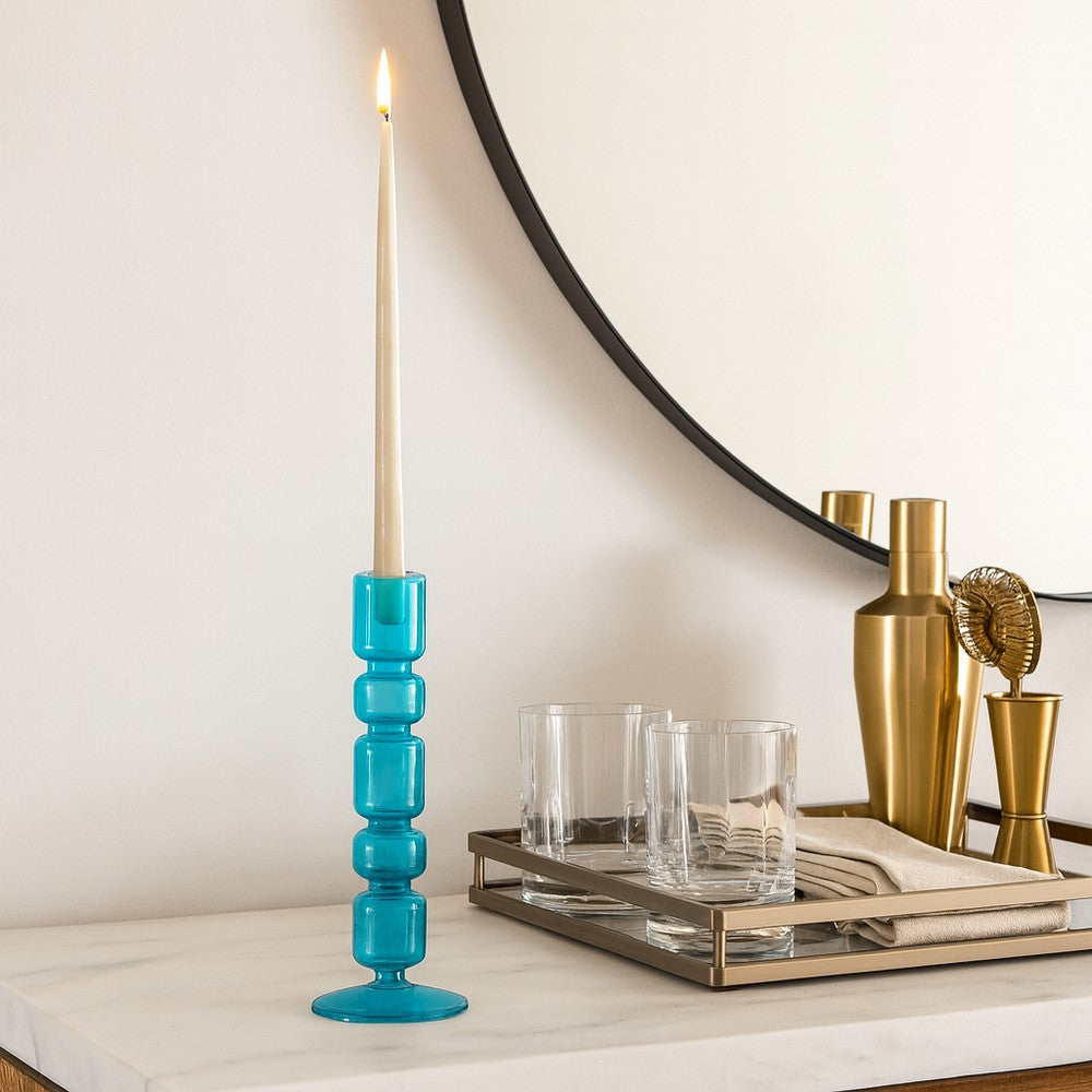 Tall Candle Holder | 10" Glass Mixed Bubble Taper Design | Blue