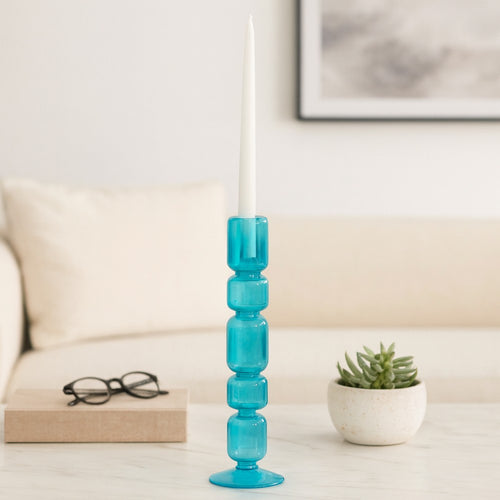 Bubble Stacked Taper Candle Holder | Glossy Aqua Blue Glass | 12"