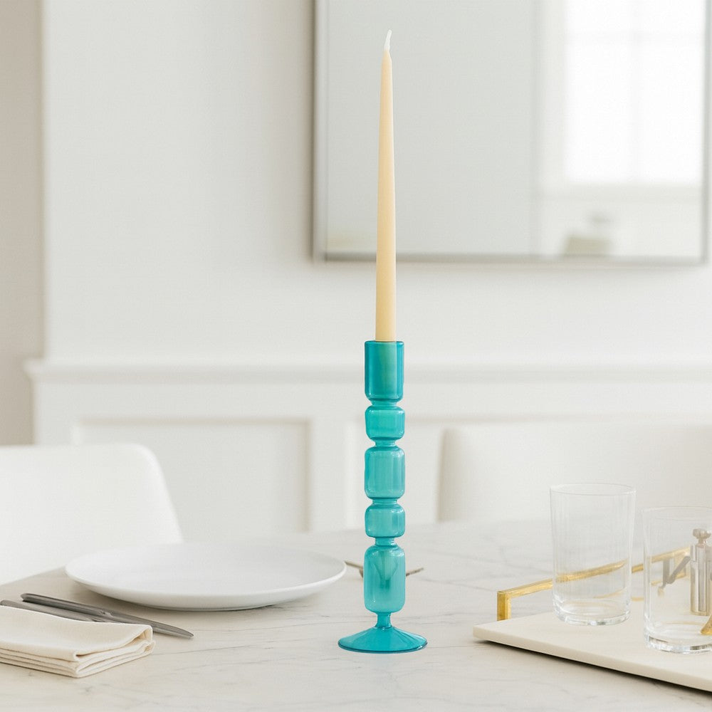 Bubble Stacked Taper Candle Holder | Glossy Aqua Blue Glass | 12"