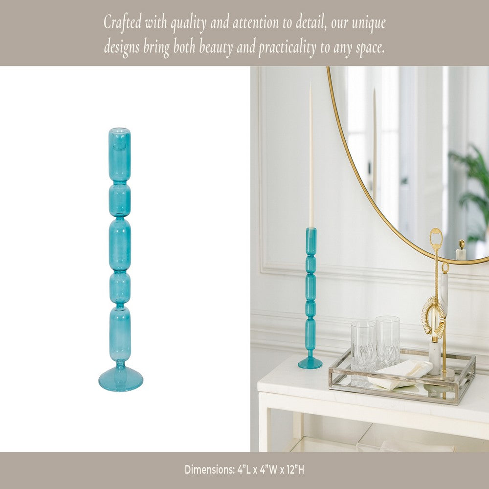 Bubble Stacked Taper Candle Holder | Glossy Aqua Blue Glass | 12"