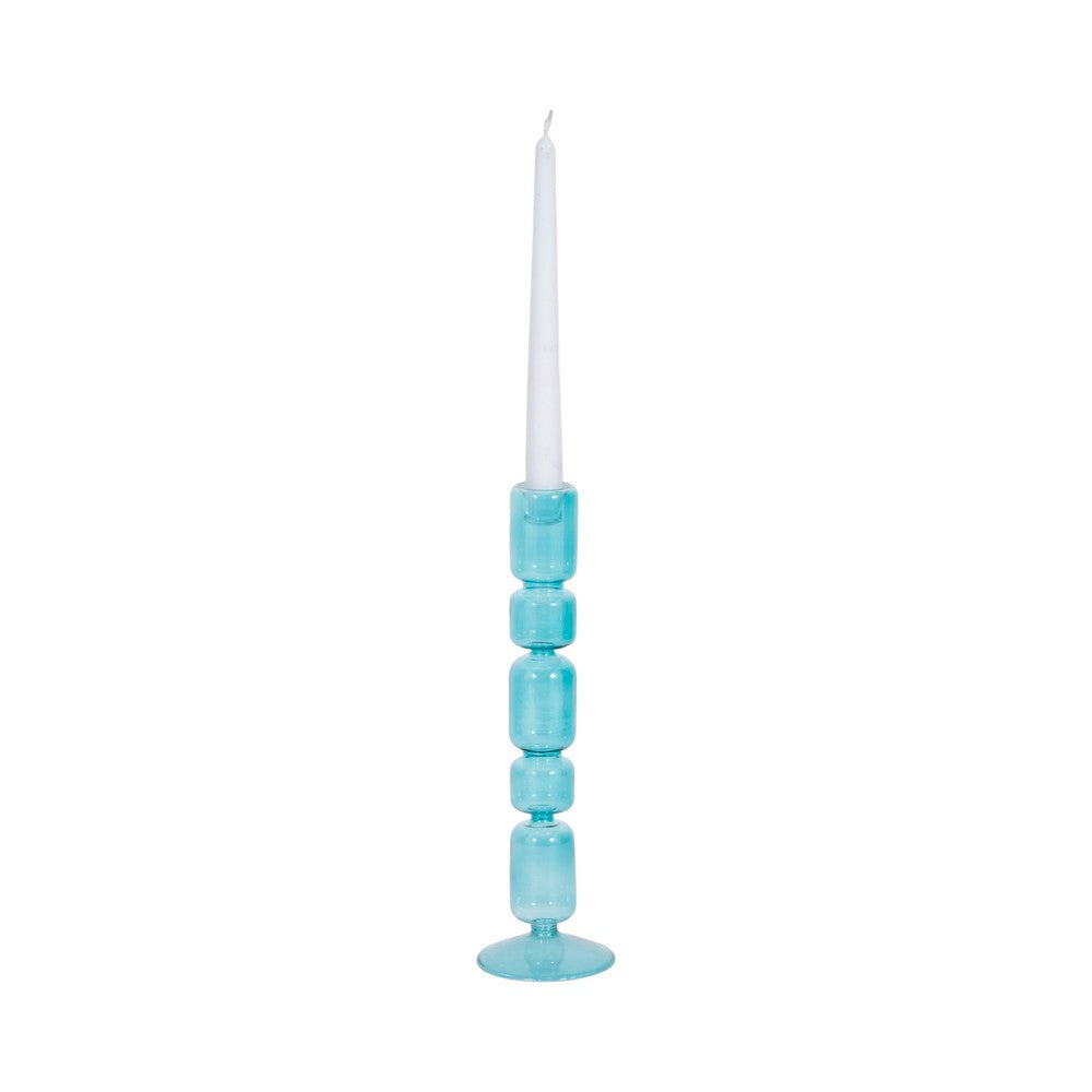 Bubble Stacked Taper Candle Holder | Glossy Aqua Blue Glass | 12"