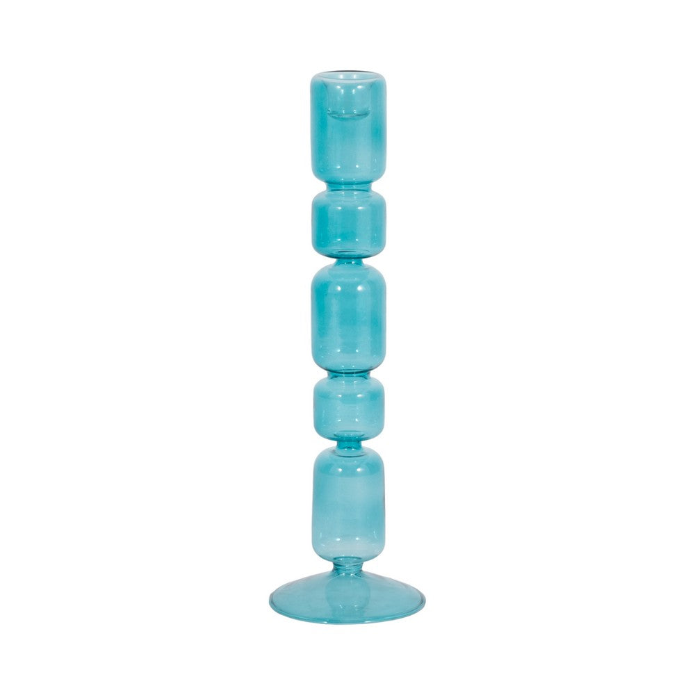 Bubble Stacked Taper Candle Holder | Glossy Aqua Blue Glass | 12"