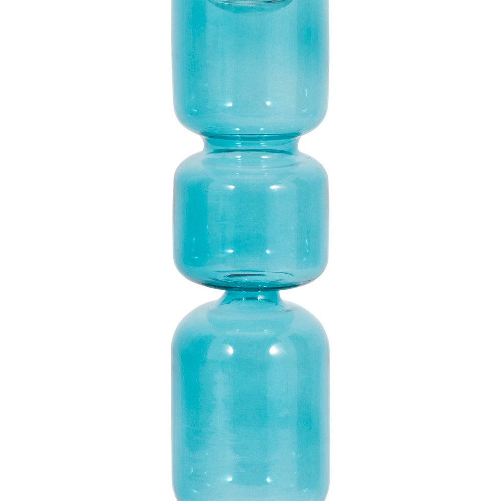 Bubble Stacked Taper Candle Holder | Glossy Aqua Blue Glass | 12"