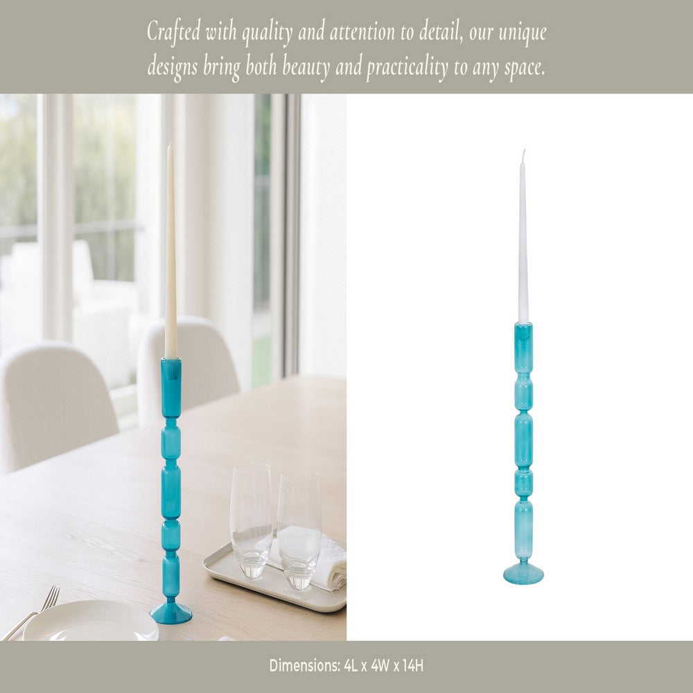 Bubble Stacked Taper Candle Holder | Glossy Aqua Blue Glass | 12"