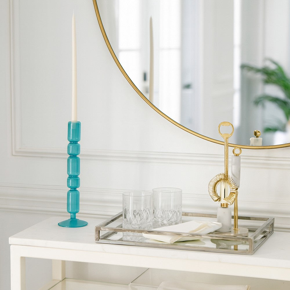 Bubble Stacked Taper Candle Holder | Glossy Aqua Blue Glass | 12"