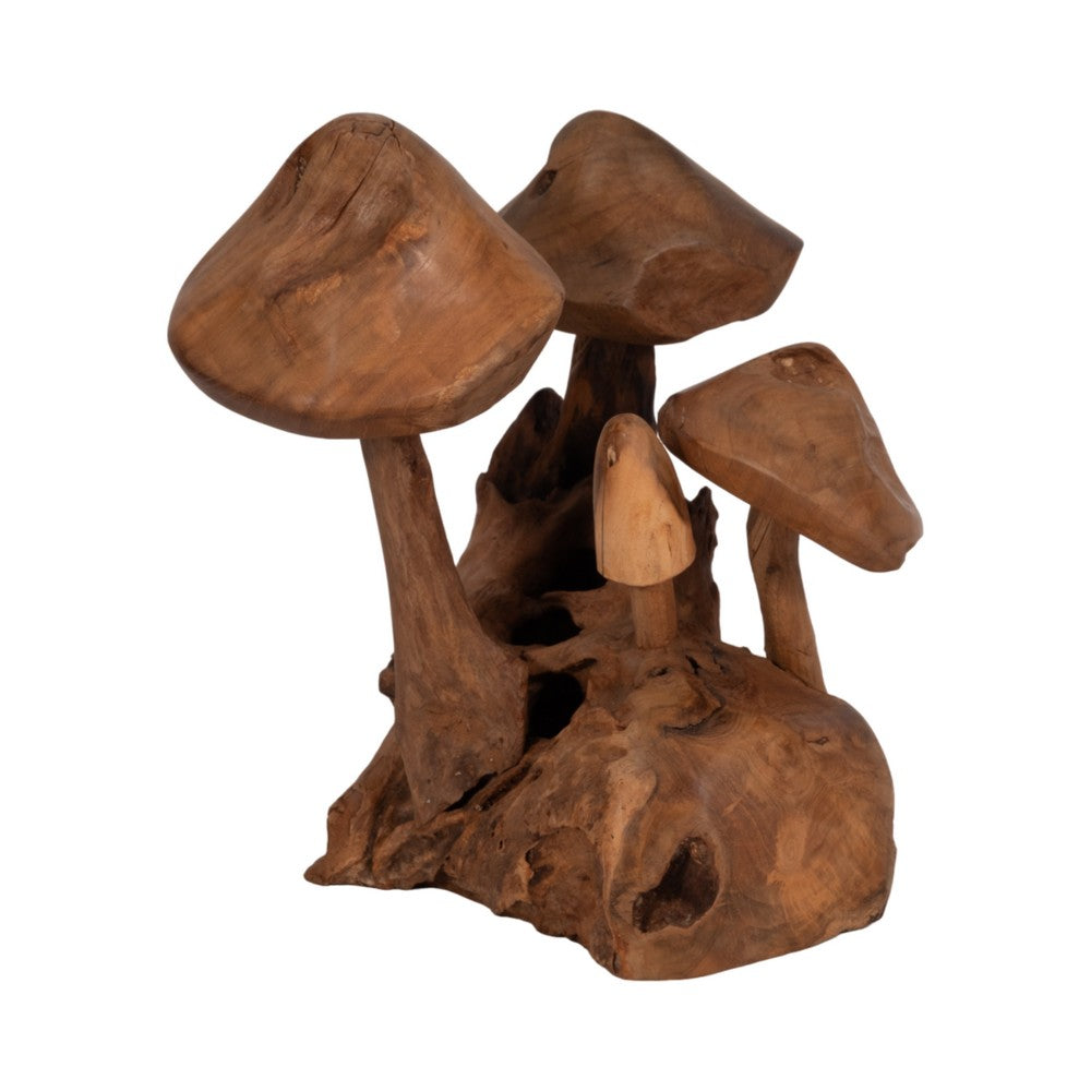 Decorative Mushroom Cluster Sculpture | 13" Dark Natural Brown Teak Wood