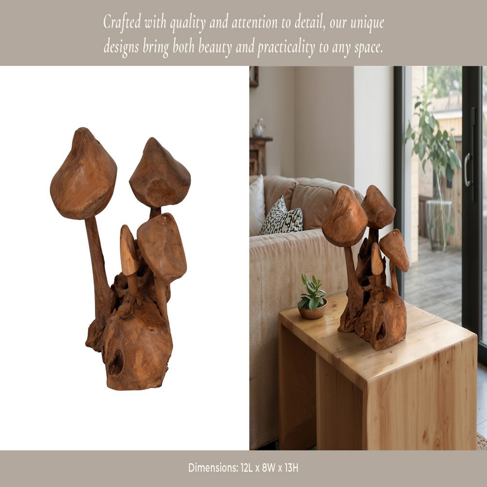 Decorative Mushroom Cluster Sculpture | 13" Dark Natural Brown Teak Wood