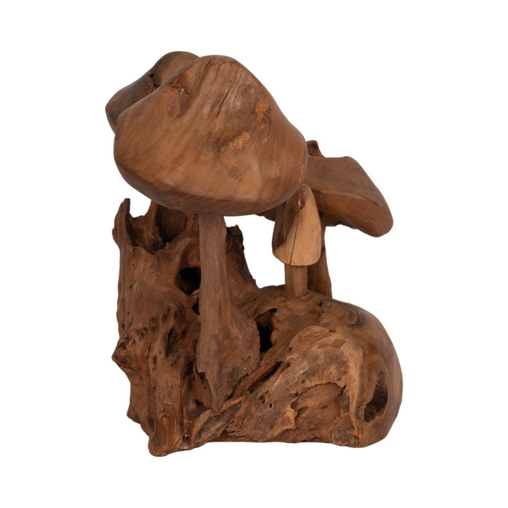 Decorative Mushroom Cluster Sculpture | 13" Dark Natural Brown Teak Wood