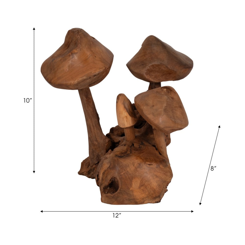 Decorative Mushroom Cluster Sculpture | 13" Dark Natural Brown Teak Wood