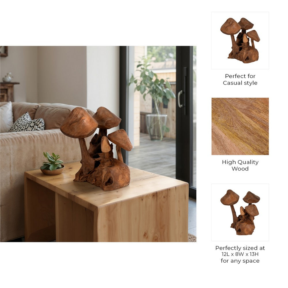Decorative Mushroom Cluster Sculpture | 13" Dark Natural Brown Teak Wood