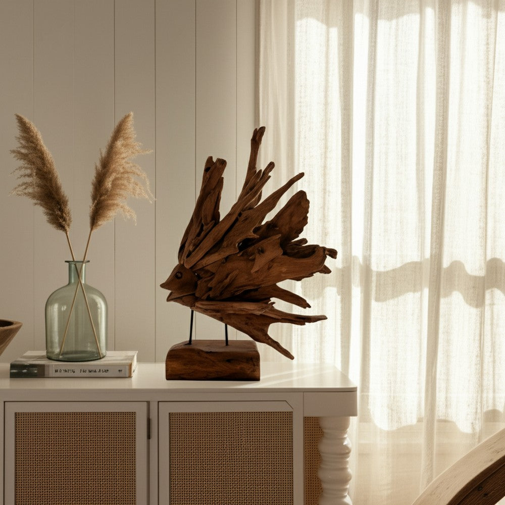 Decorative Sculpture of a Fish on a Stand | Carved Brown Teak Wood | 30"