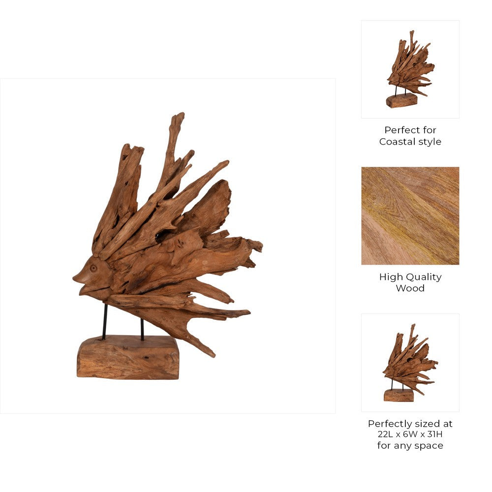 Decorative Sculpture of a Fish on a Stand | Carved Brown Teak Wood | 30"
