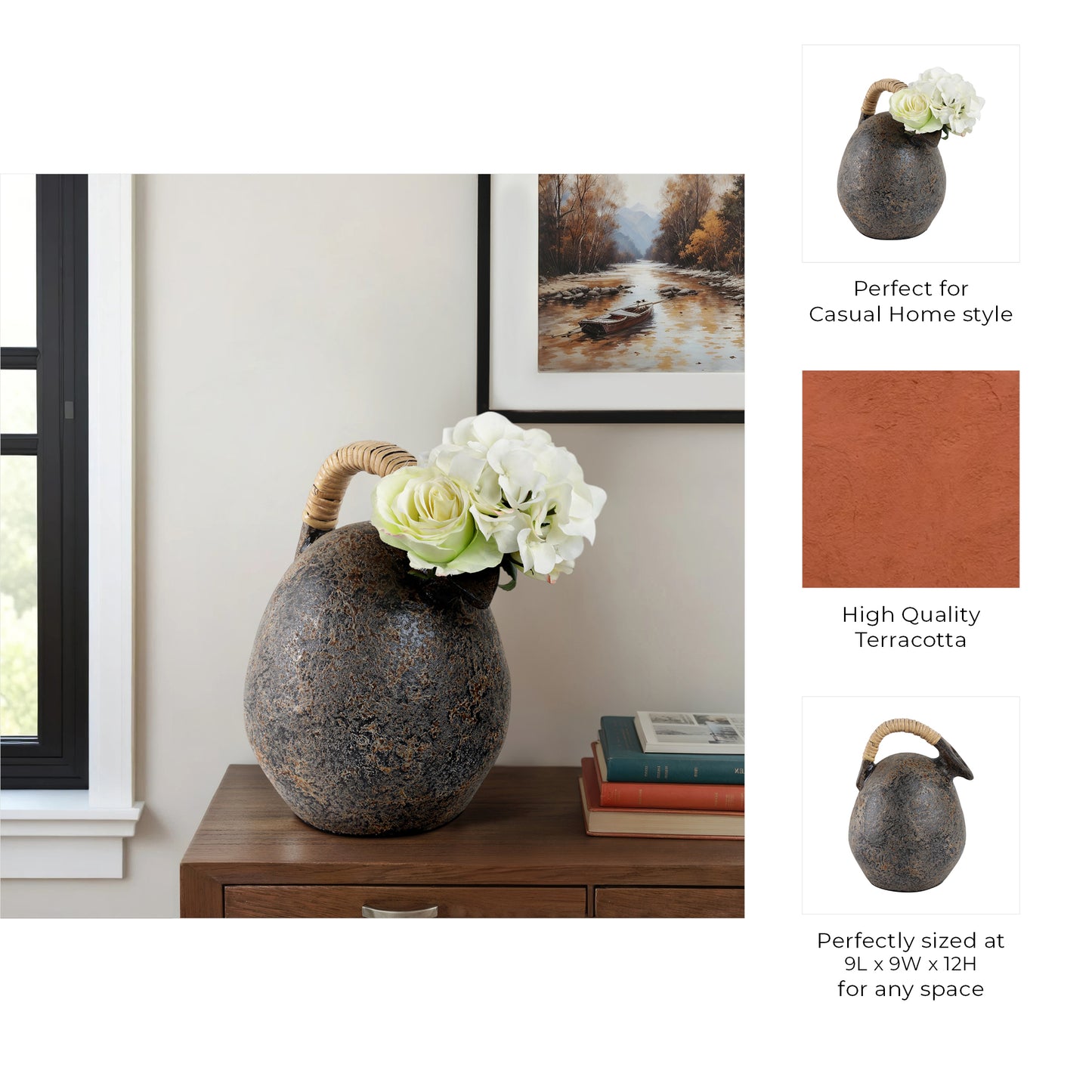 Kael Decorative Jug Vase | Wrapped Rattan Handle | Gray Terracotta 13"