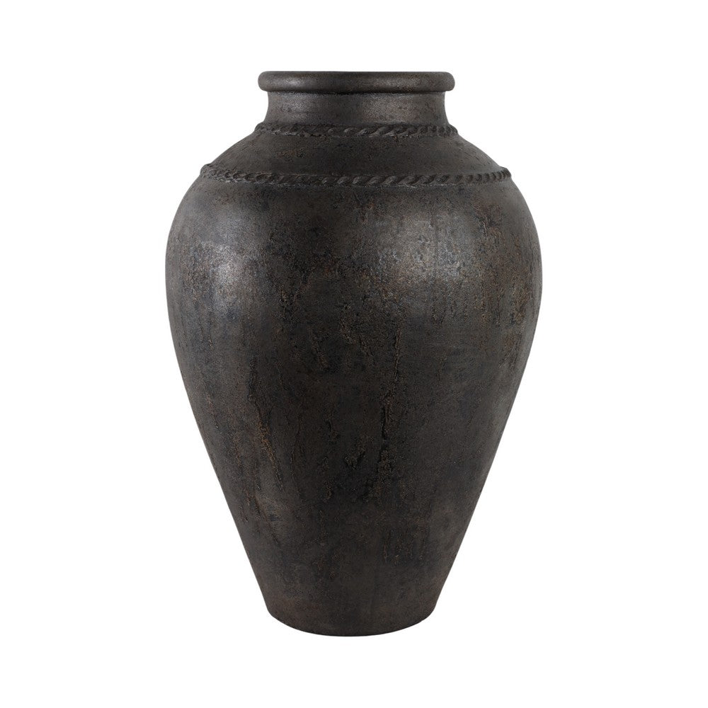 Decorative Floor Vase w Sculpted Rim | Matte Rustic Black | 30"