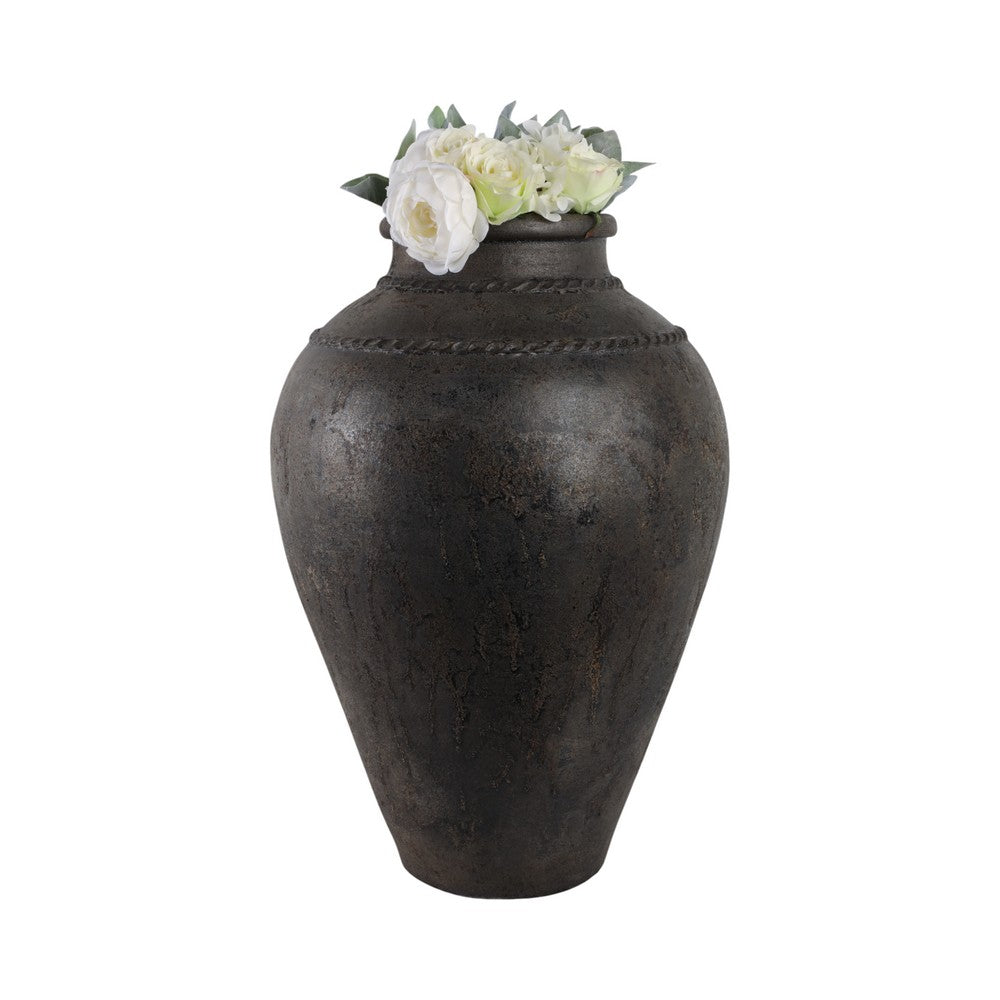 Decorative Floor Vase w Sculpted Rim | Matte Rustic Black | 30"
