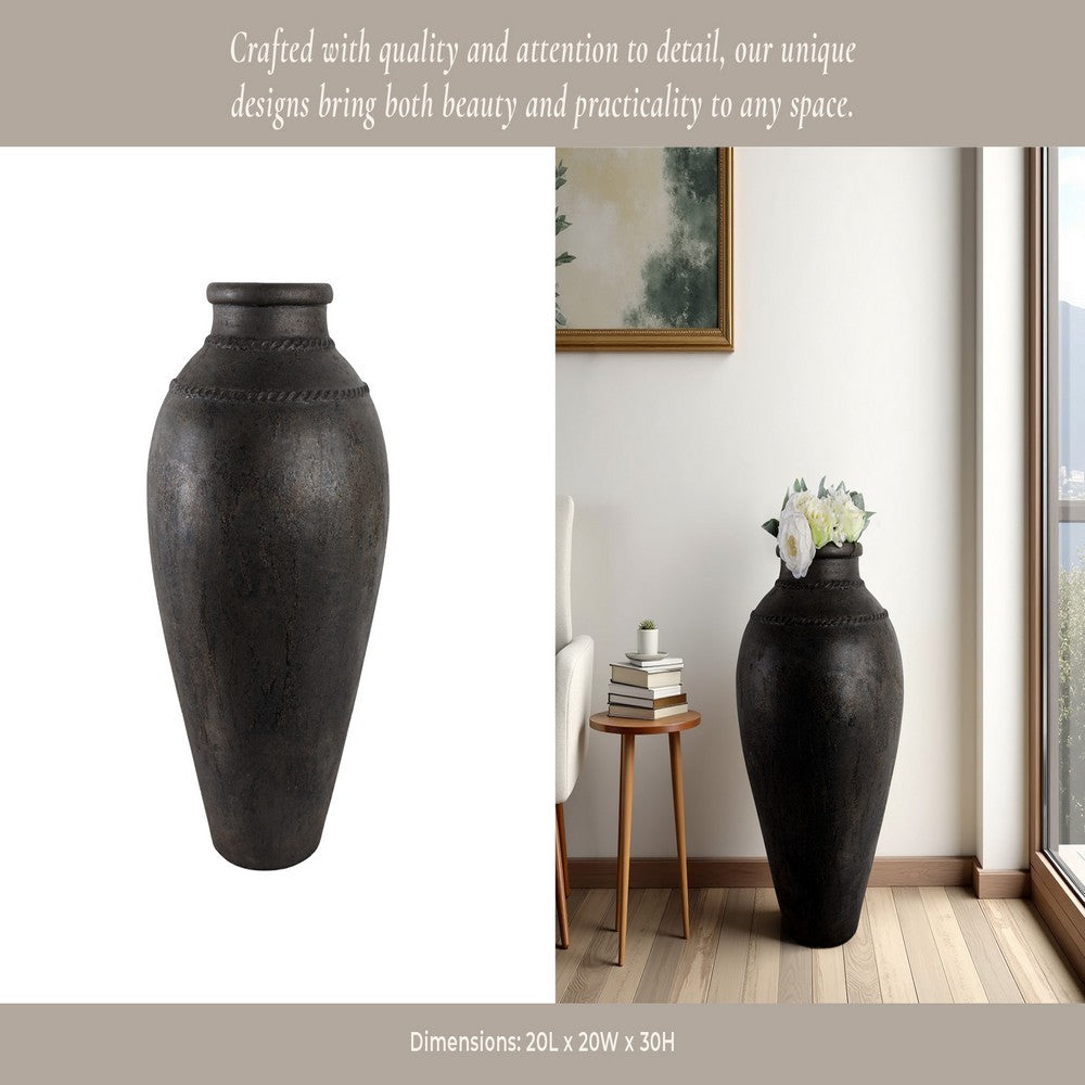 Decorative Floor Vase w Sculpted Rim | Matte Rustic Black | 30"