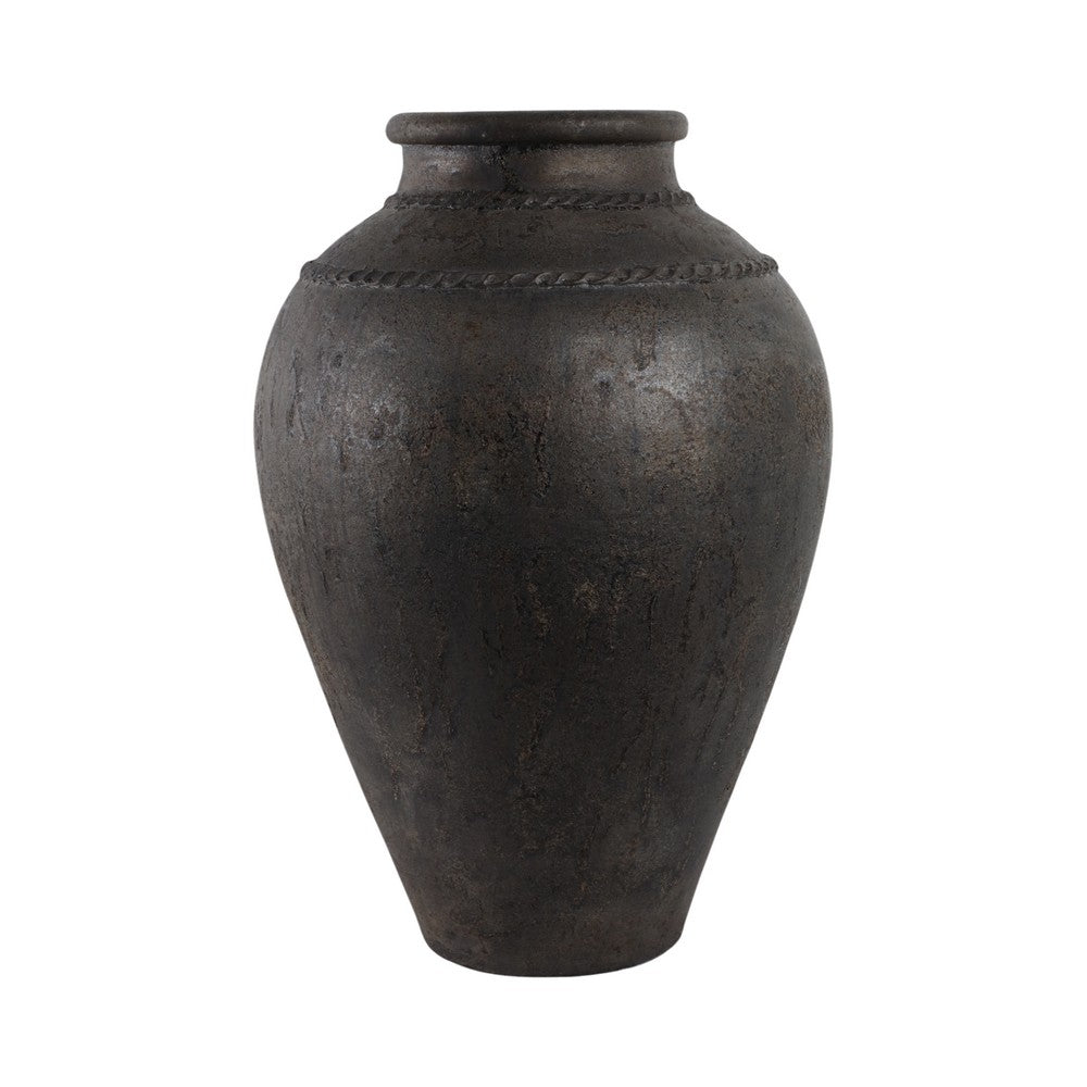 Decorative Floor Vase w Sculpted Rim | Matte Rustic Black | 30"