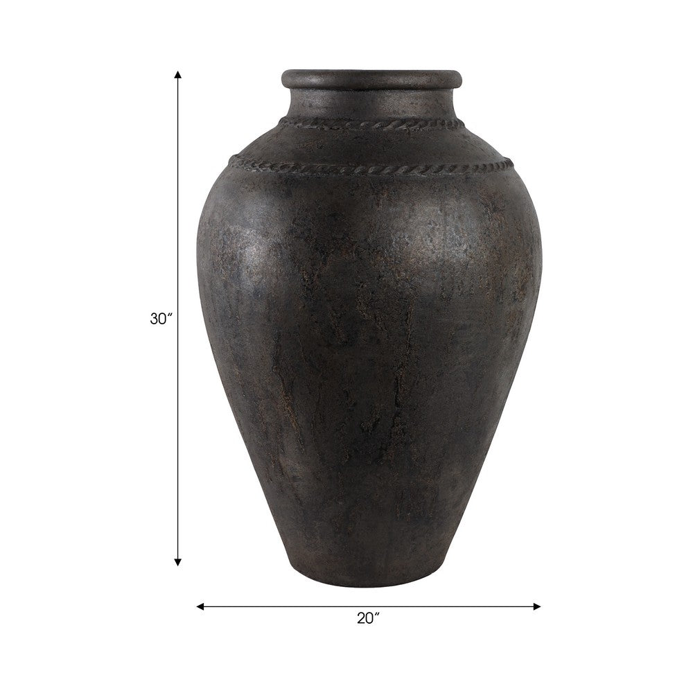 Decorative Floor Vase w Sculpted Rim | Matte Rustic Black | 30"