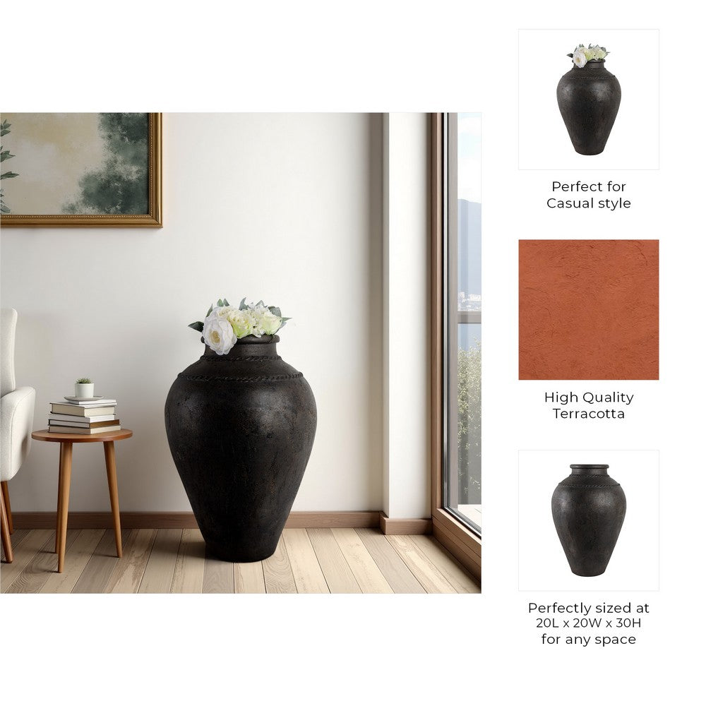 Decorative Floor Vase w Sculpted Rim | Matte Rustic Black | 30"