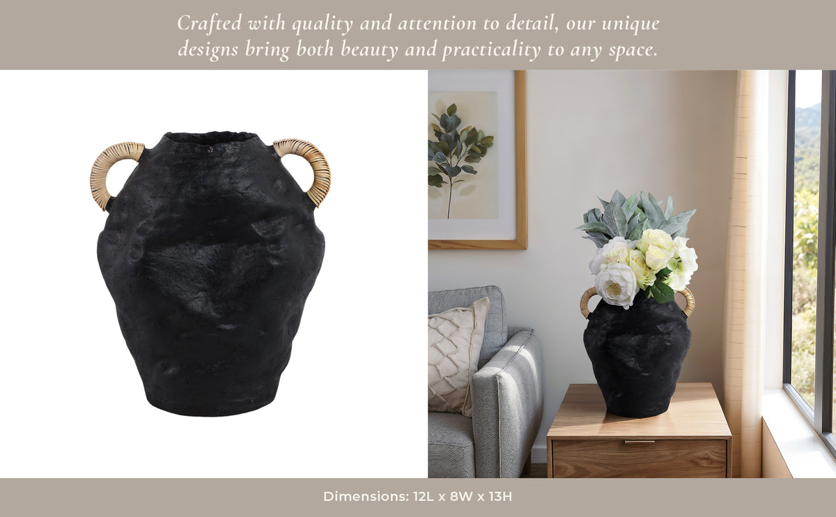 Jug Vase with Rattan Handles | Pottery Shape | Black Terracotta 13"