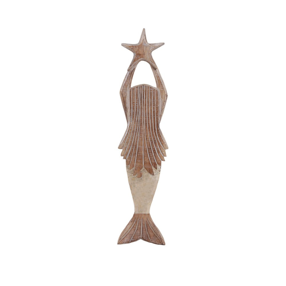 Mermaid Coastal Decor Sculpture with Gold Capiz Tail | Light Brown Wood