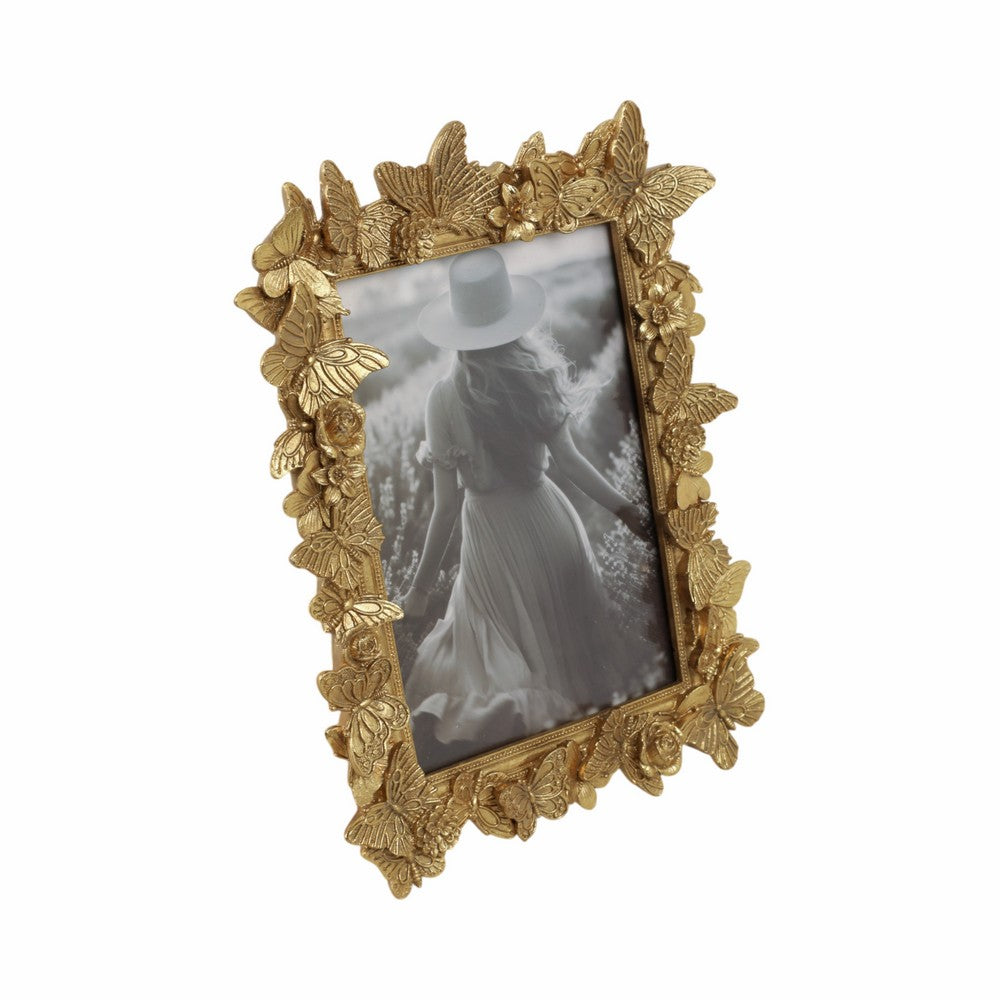 Photo Frame | Gold Polyresin Enchanted Butterfly Design | Fits 5x7 Portrait