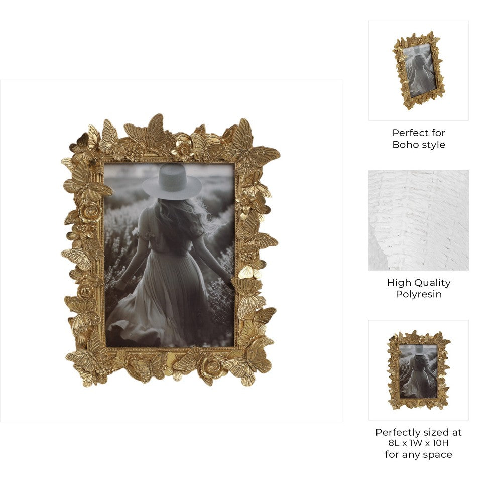 Photo Frame | Gold Polyresin Enchanted Butterfly Design | Fits 5x7 Portrait