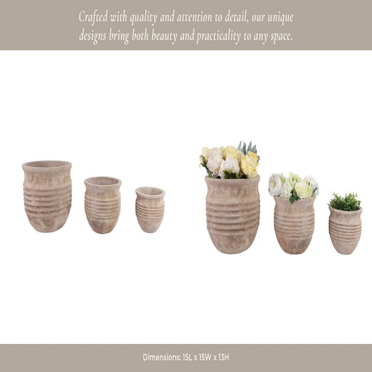 Outdoor Planter Set of 3 | Bowl Shape | Ribbed Antique White Terracotta
