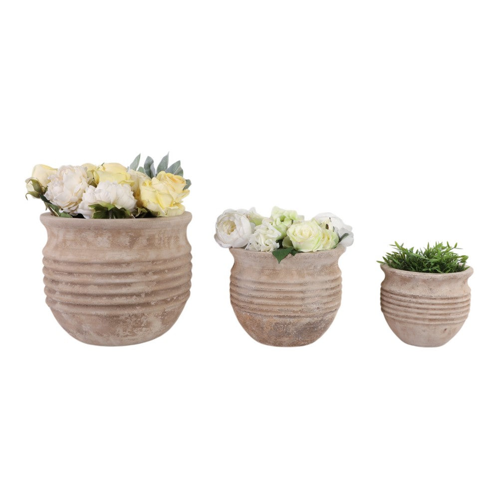 Outdoor Planter Set of 3 | Bowl Shape | Ribbed Antique White Terracotta
