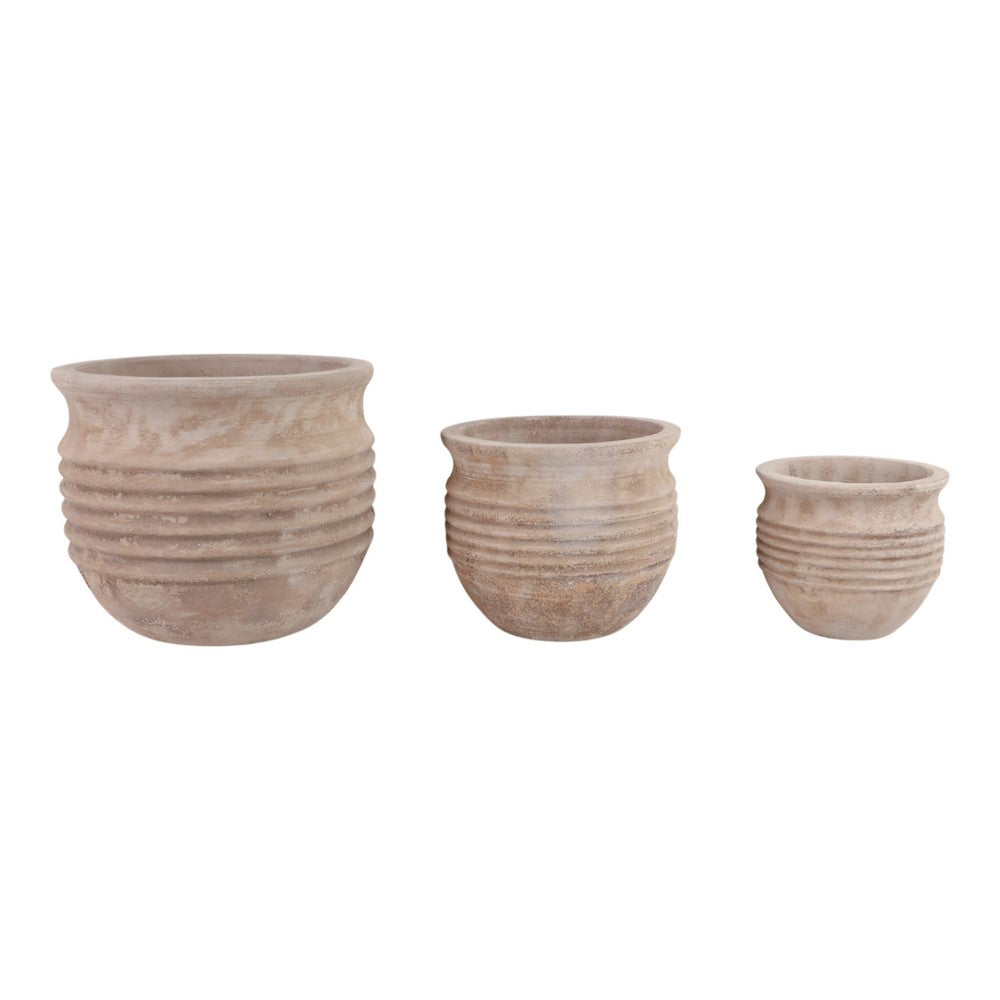 Outdoor Planter Set of 3 | Bowl Shape | Ribbed Antique White Terracotta