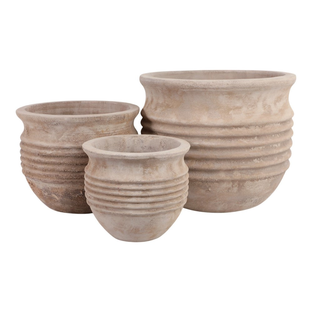 Outdoor Planter Set of 3 | Bowl Shape | Ribbed Antique White Terracotta