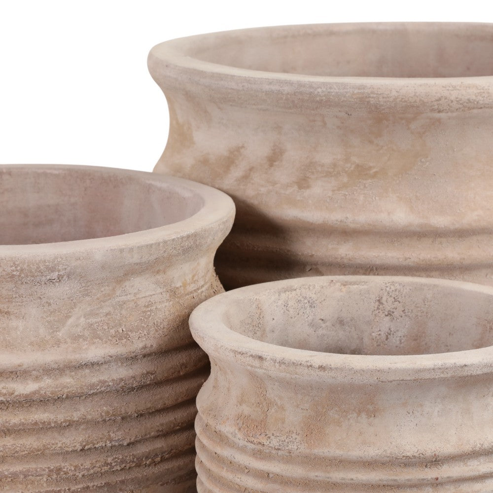 Outdoor Planter Set of 3 | Bowl Shape | Ribbed Antique White Terracotta