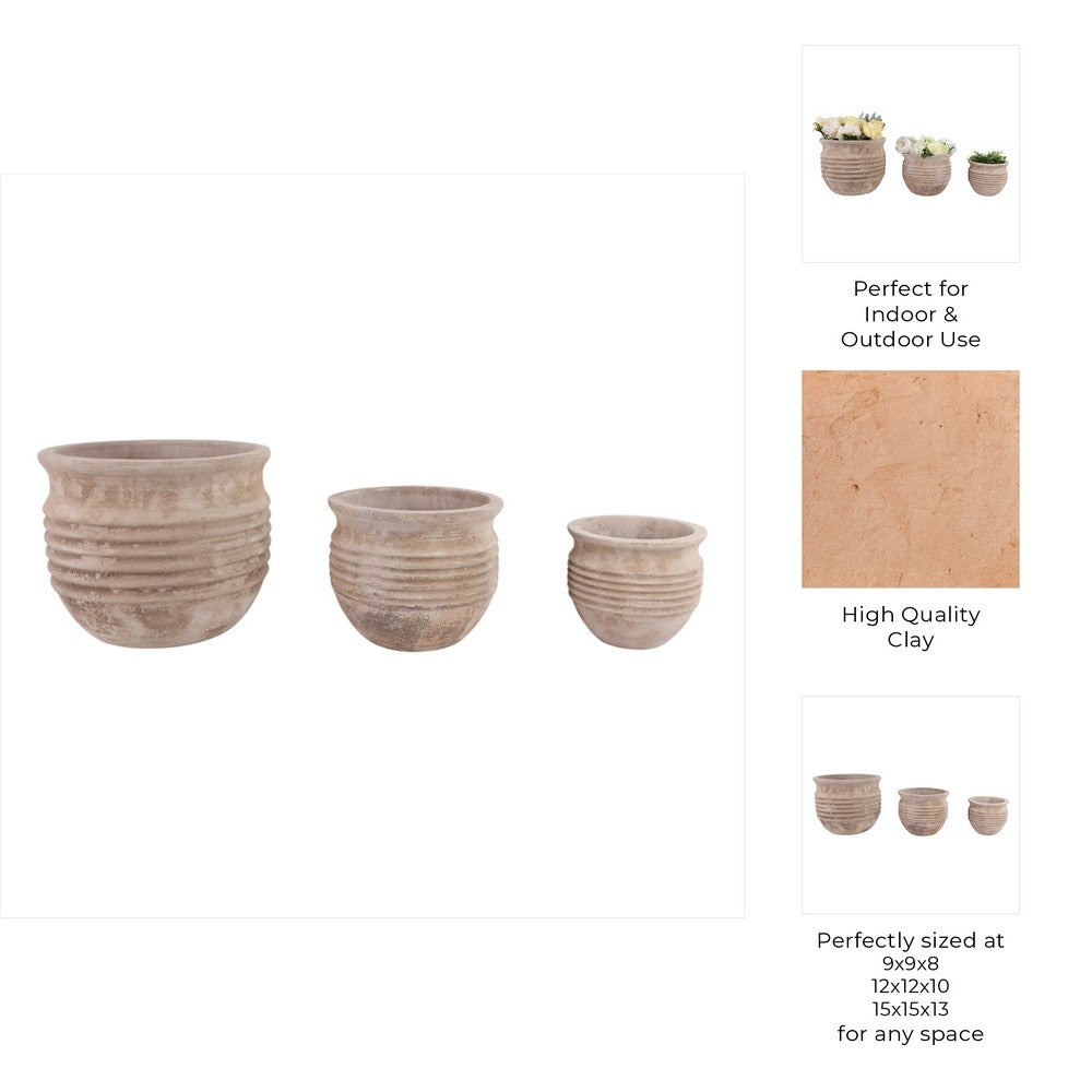 Outdoor Planter Set of 3 | Bowl Shape | Ribbed Antique White Terracotta