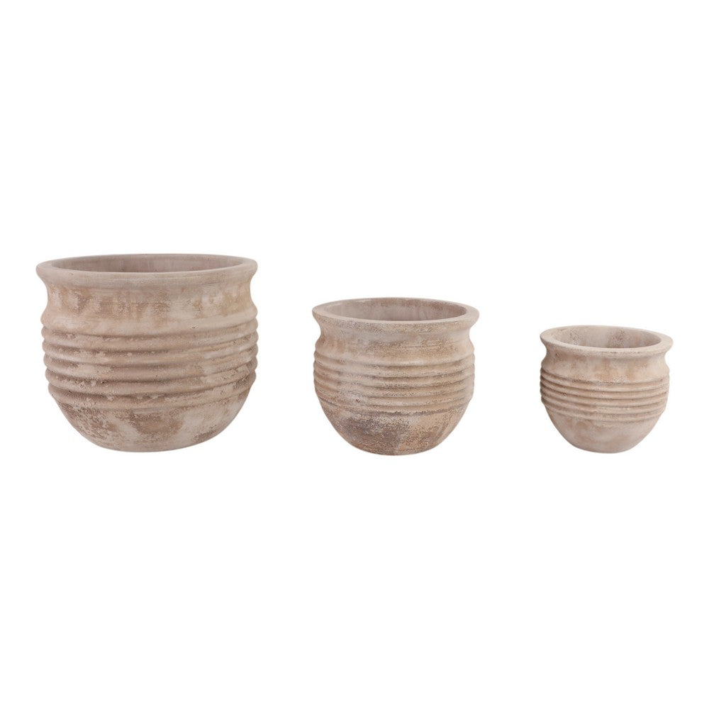 Outdoor Planter Set of 3 | Bowl Shape | Ribbed Antique White Terracotta