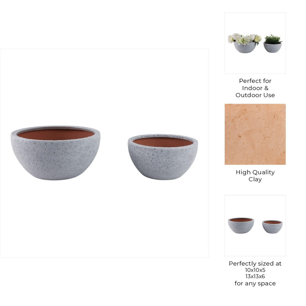 Decorative Planter Set of 2 | Bowl-Shape | Textured Surface | White Clay