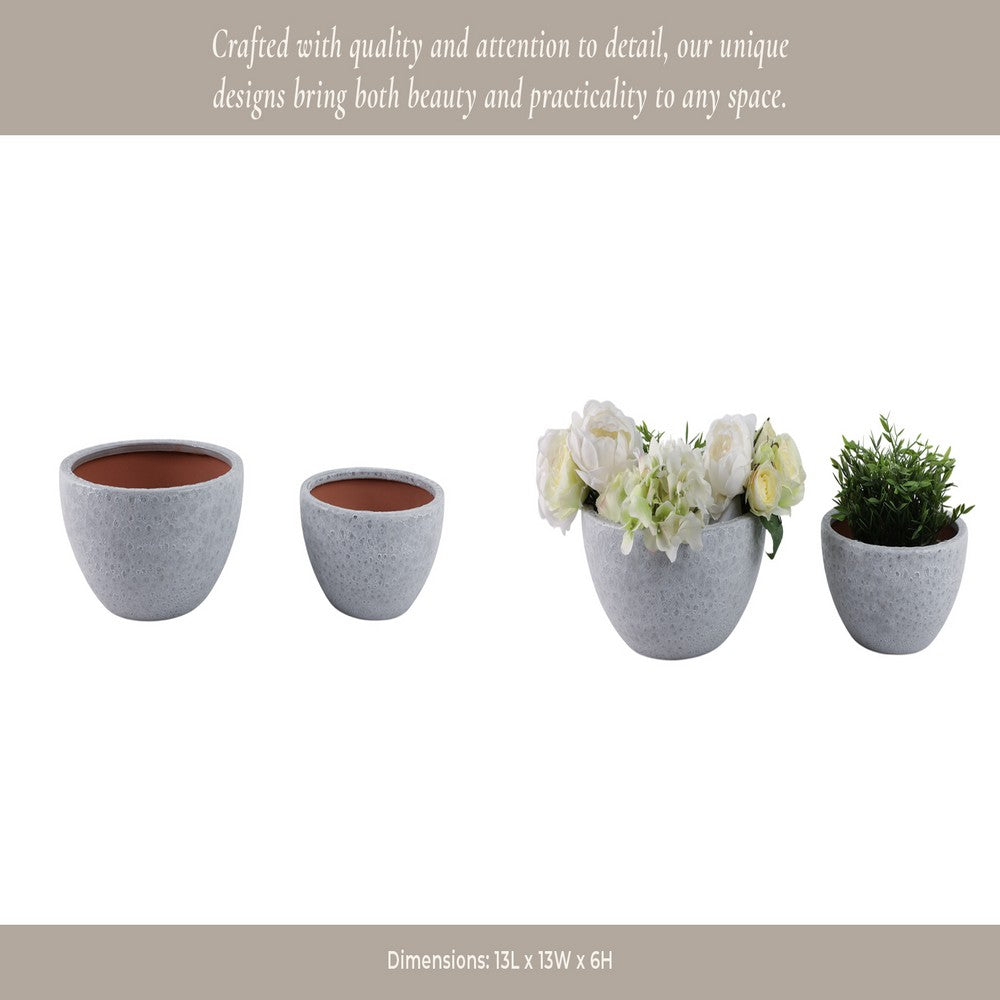 Decorative Planter Set of 2 | Bowl-Shape | Textured Surface | White Clay