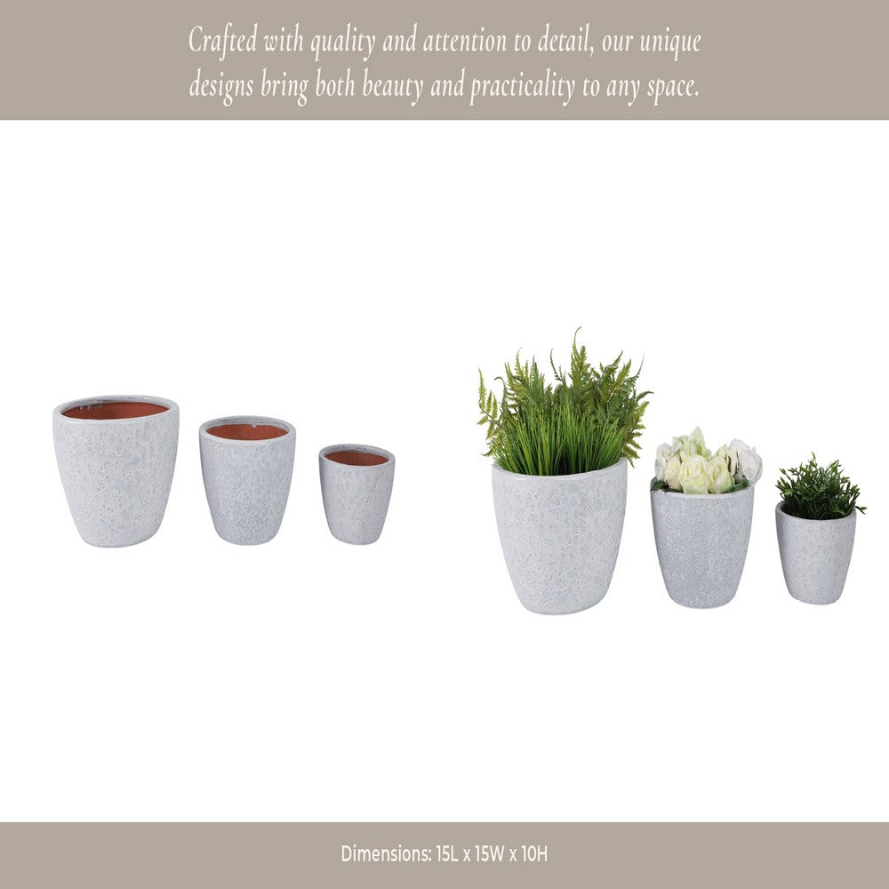 3pc Garden Planters Set | Textured Ceramic | White Lava Finish | 8,11,15"