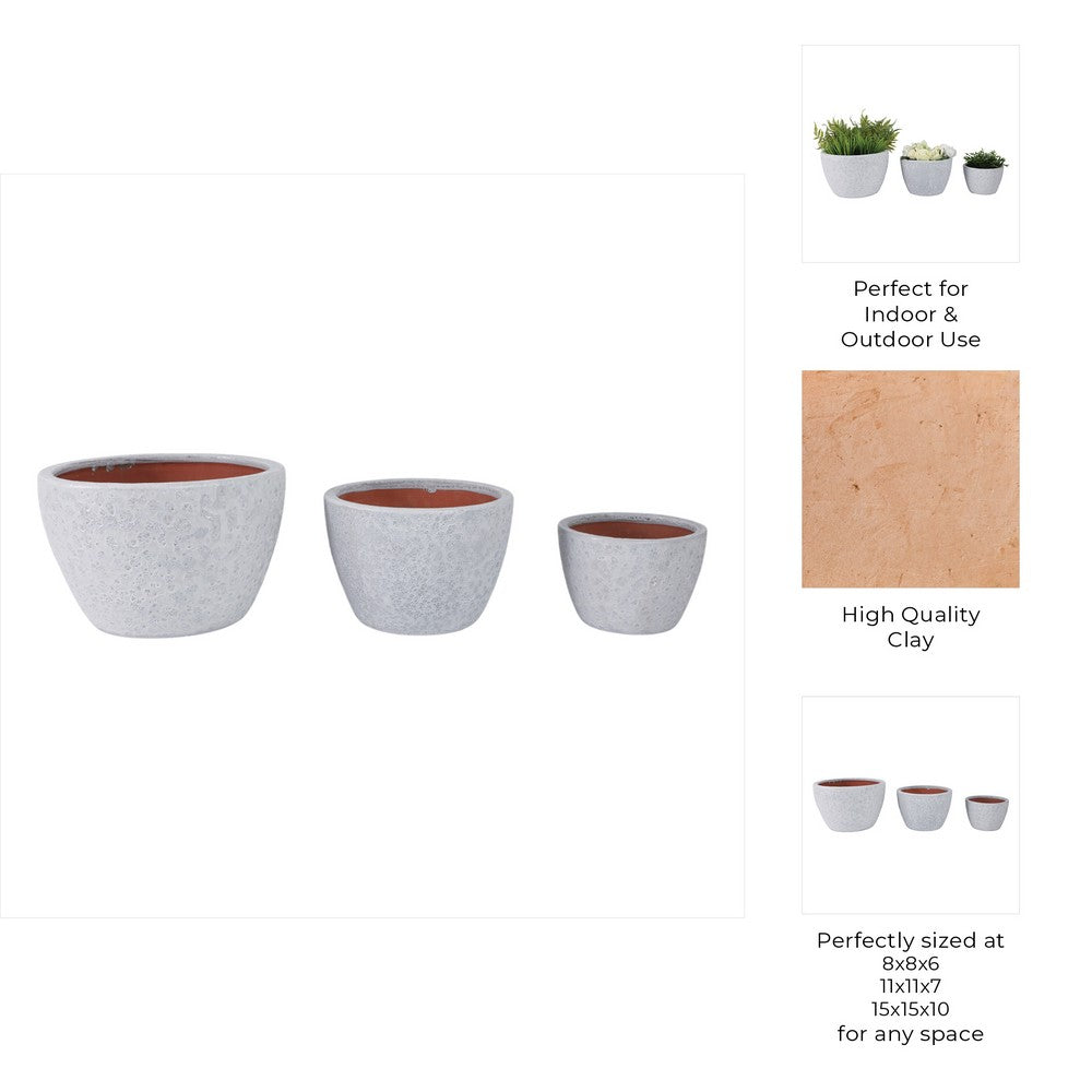 3pc Garden Planters Set | Textured Ceramic | White Lava Finish | 8,11,15"