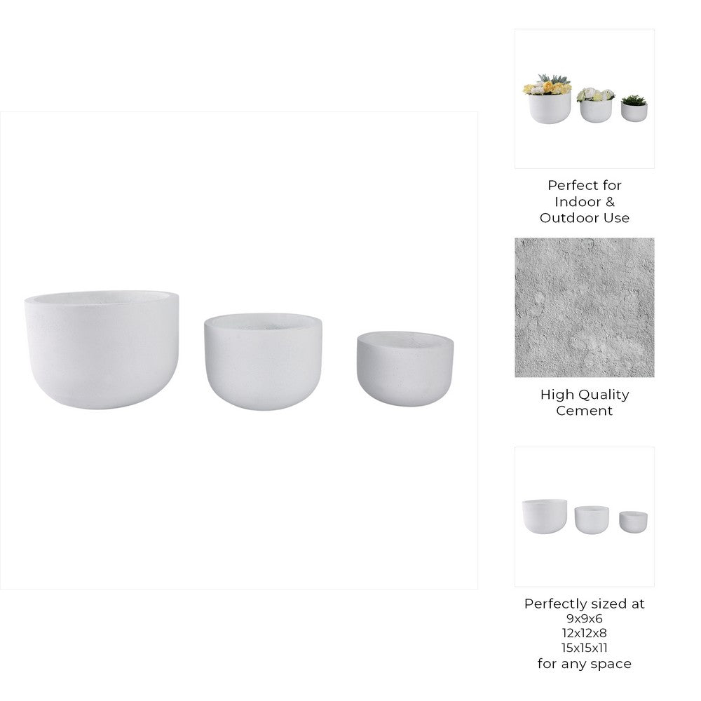 3pc Outdoor Garden Planters Set | White Cement | 9 |12 |15" Round