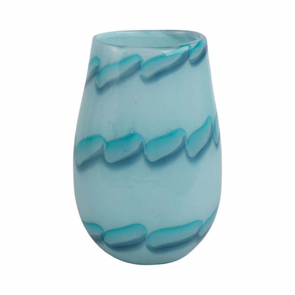 Decorative Table Flower Vase | Ocean Blue Bead Pattern Glass | 9"