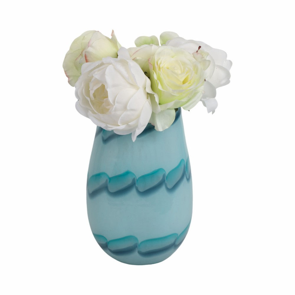 Decorative Table Flower Vase | Ocean Blue Bead Pattern Glass | 9"
