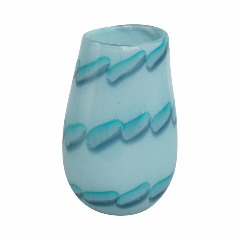 Decorative Table Flower Vase | Ocean Blue Bead Pattern Glass | 9"