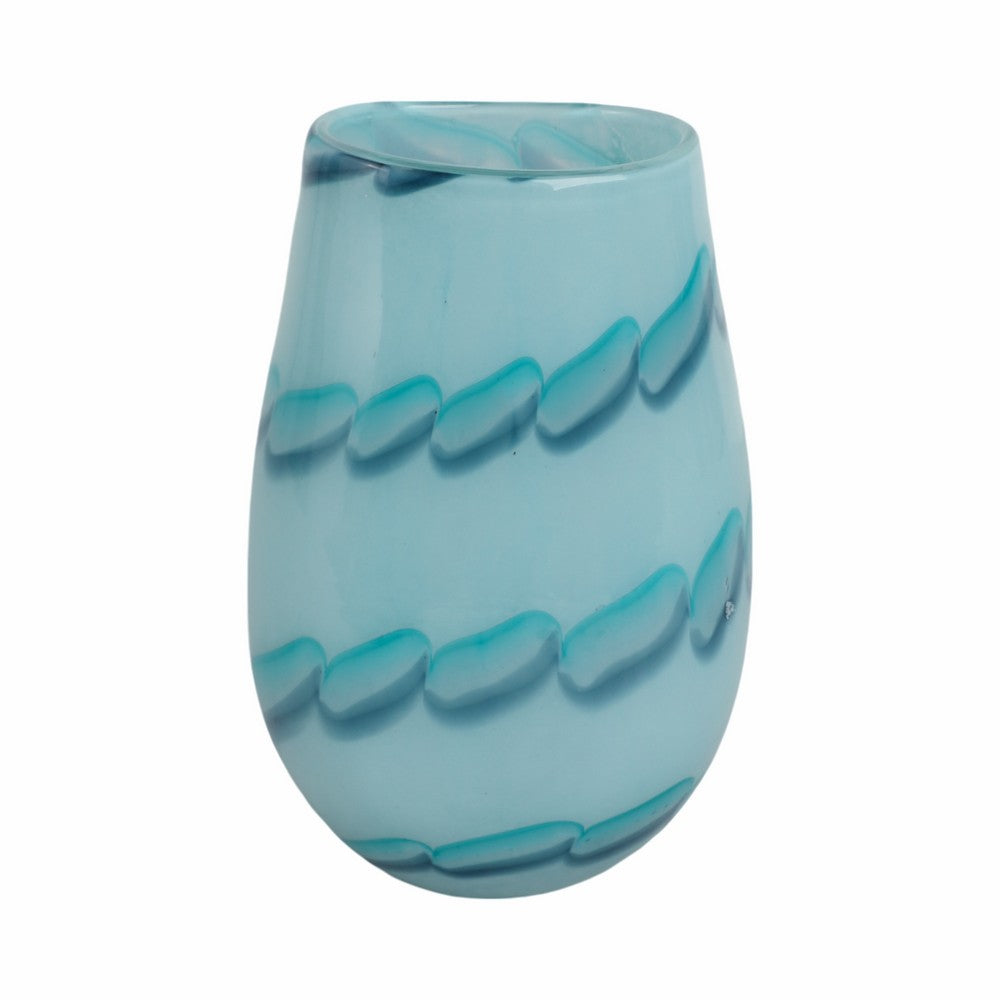 Decorative Table Flower Vase | Ocean Blue Bead Pattern Glass | 9"